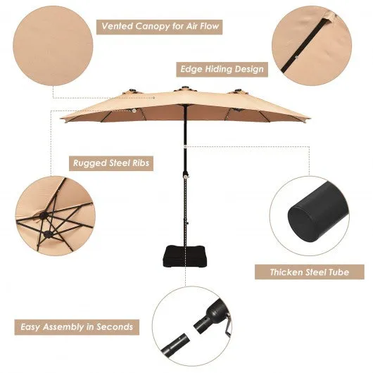 15 Ft Solar LED Patio Double-sided Umbrella Market Umbrella with Weight Base-Beige