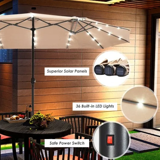 15 Ft Solar LED Patio Double-sided Umbrella Market Umbrella with Weight Base-Beige