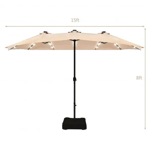 15 Ft Solar LED Patio Double-sided Umbrella Market Umbrella with Weight Base-Beige