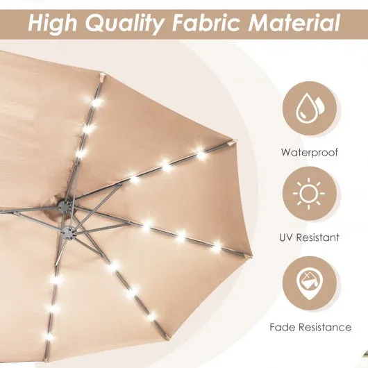 15 Ft Solar LED Patio Double-sided Umbrella Market Umbrella with Weight Base-Beige