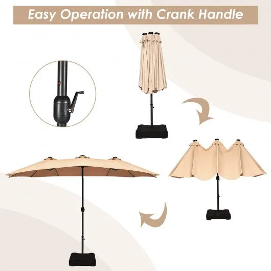 15 Ft Solar LED Patio Double-sided Umbrella Market Umbrella with Weight Base-Beige