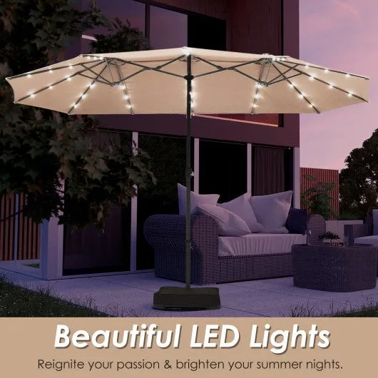 15 Ft Solar LED Patio Double-sided Umbrella Market Umbrella with Weight Base-Beige