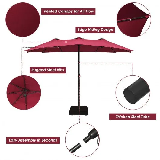 15 Ft Solar LED Patio Double-sided Umbrella Market Umbrella with Weight Base-Red