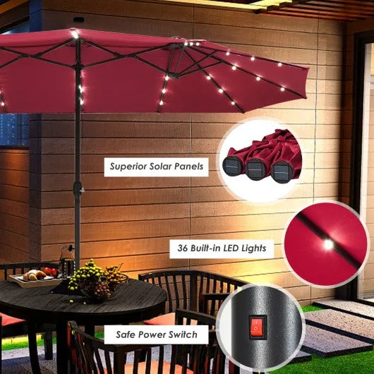 15 Ft Solar LED Patio Double-sided Umbrella Market Umbrella with Weight Base-Red