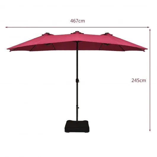 15 Ft Solar LED Patio Double-sided Umbrella Market Umbrella with Weight Base-Red