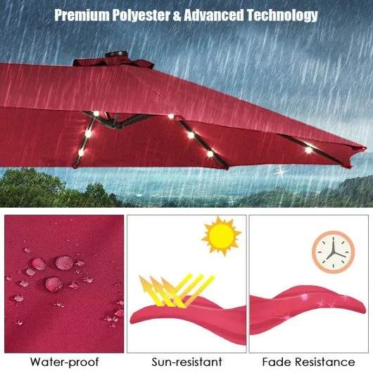 15 Ft Solar LED Patio Double-sided Umbrella Market Umbrella with Weight Base-Red