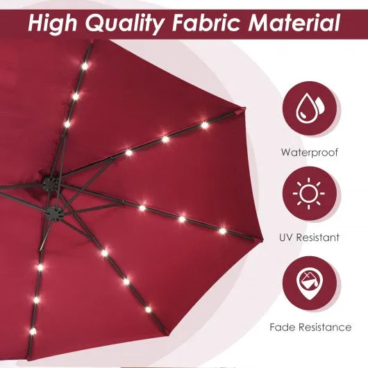 15 Ft Solar LED Patio Double-sided Umbrella Market Umbrella with Weight Base-Red