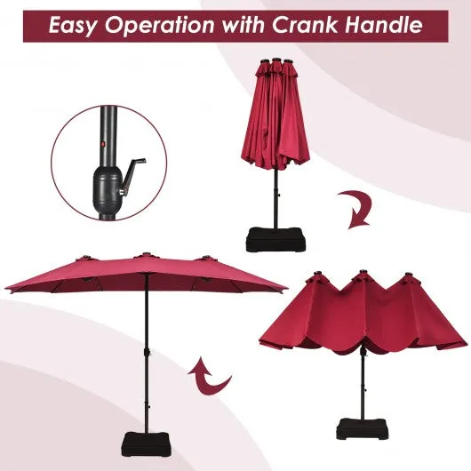 15 Ft Solar LED Patio Double-sided Umbrella Market Umbrella with Weight Base-Red