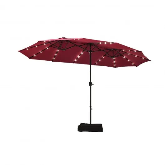 15 Ft Solar LED Patio Double-sided Umbrella Market Umbrella with Weight Base-Red