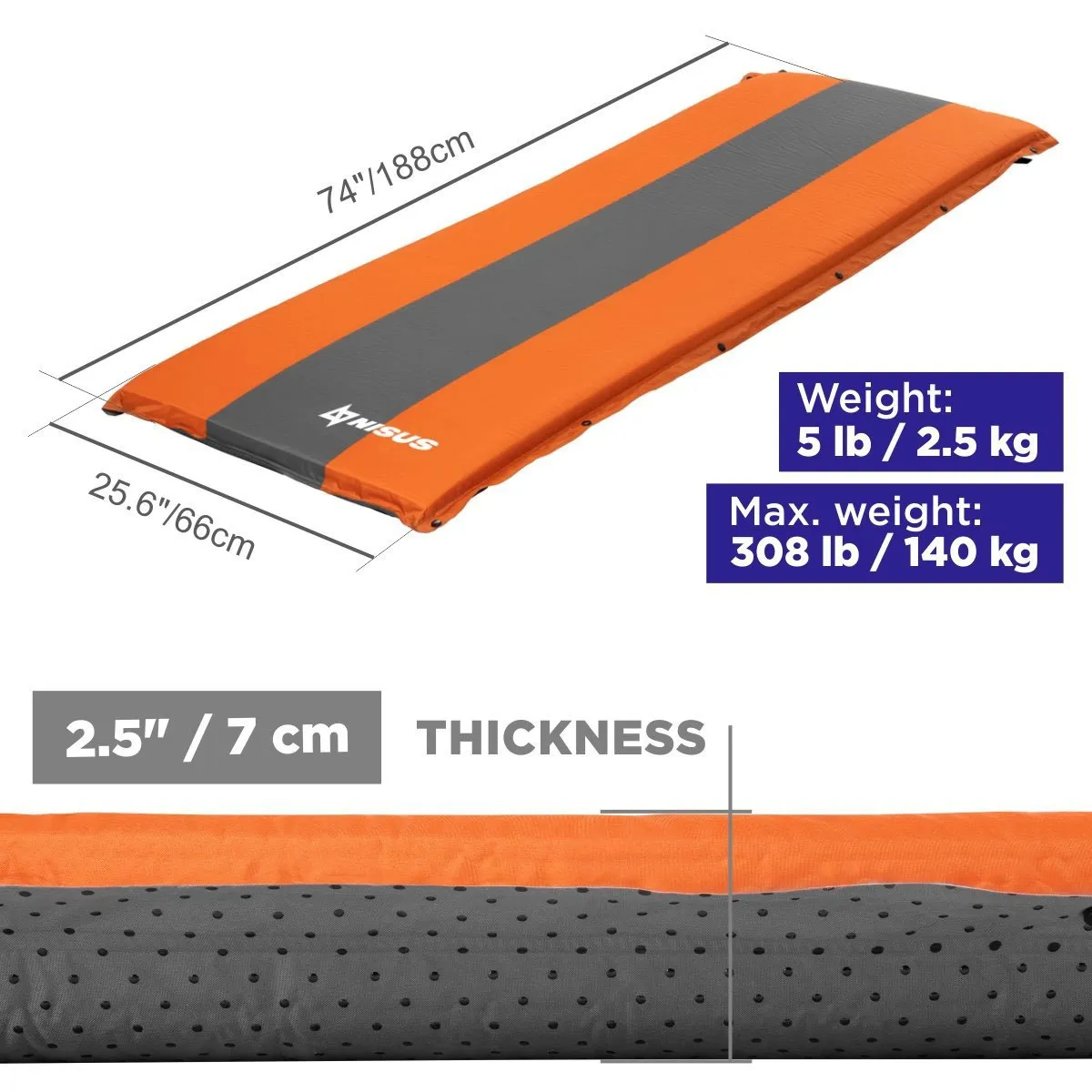 2.5-inch Lightweight Self Inflating Camping Sleeping Pad, Orange