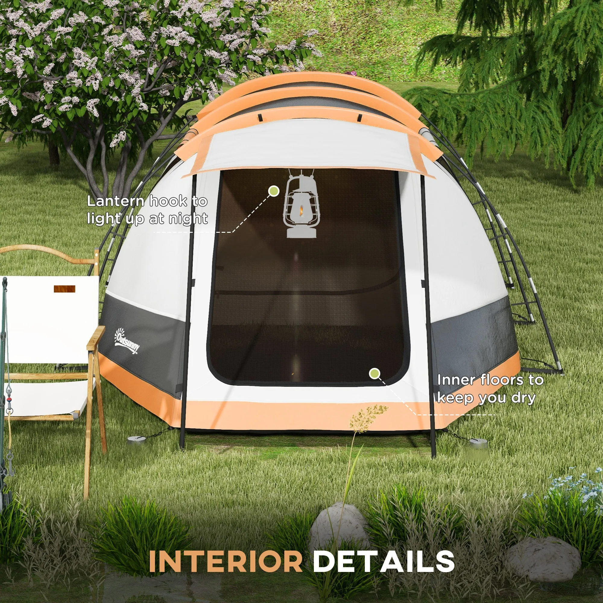 3-4 Man Camping Tent, Family Tunnel Tent, 2000mm Waterproof, Portable with Bag, Orange