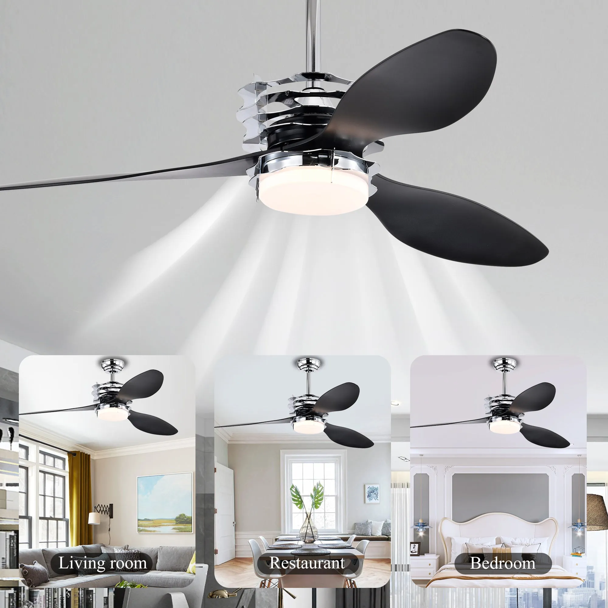 52'' ABS Blades Ceiling Fan with Lights and Remote (6 Speeds Adjustable) , DC Motor Modern Ceiling Fan with 3 Abs Fan Blades & 2 down Rods, Indoor Ceiling Fan with Light