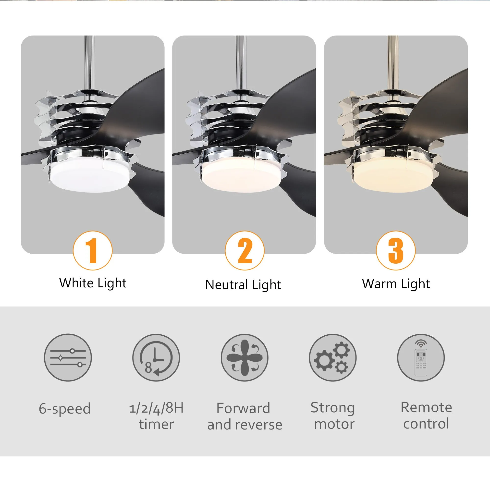 52'' ABS Blades Ceiling Fan with Lights and Remote (6 Speeds Adjustable) , DC Motor Modern Ceiling Fan with 3 Abs Fan Blades & 2 down Rods, Indoor Ceiling Fan with Light