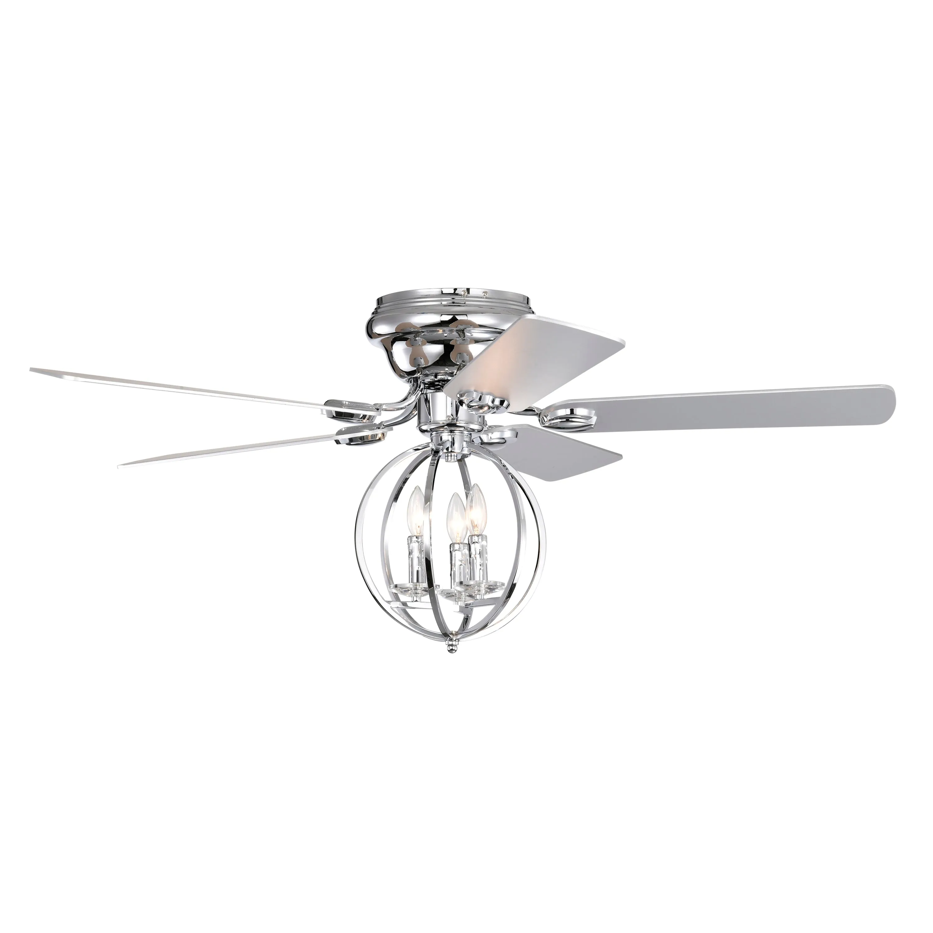 52" Chrome Ceiling Fan, Candle Pendant Light, Cage Ceiling Fan Light, Reversible 3-speed Silent Ceiling Fan