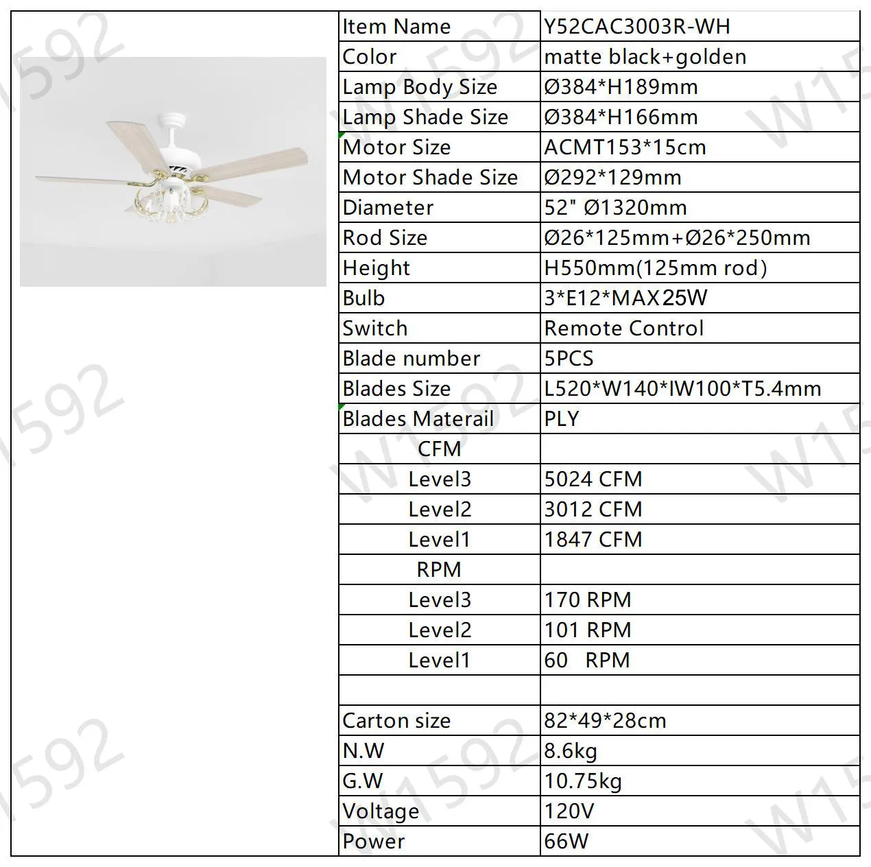 52" Crystal Ceiling Fan with 5 Reversible Blades Light Kit and Remote Control, 3-Speed  - Matte White