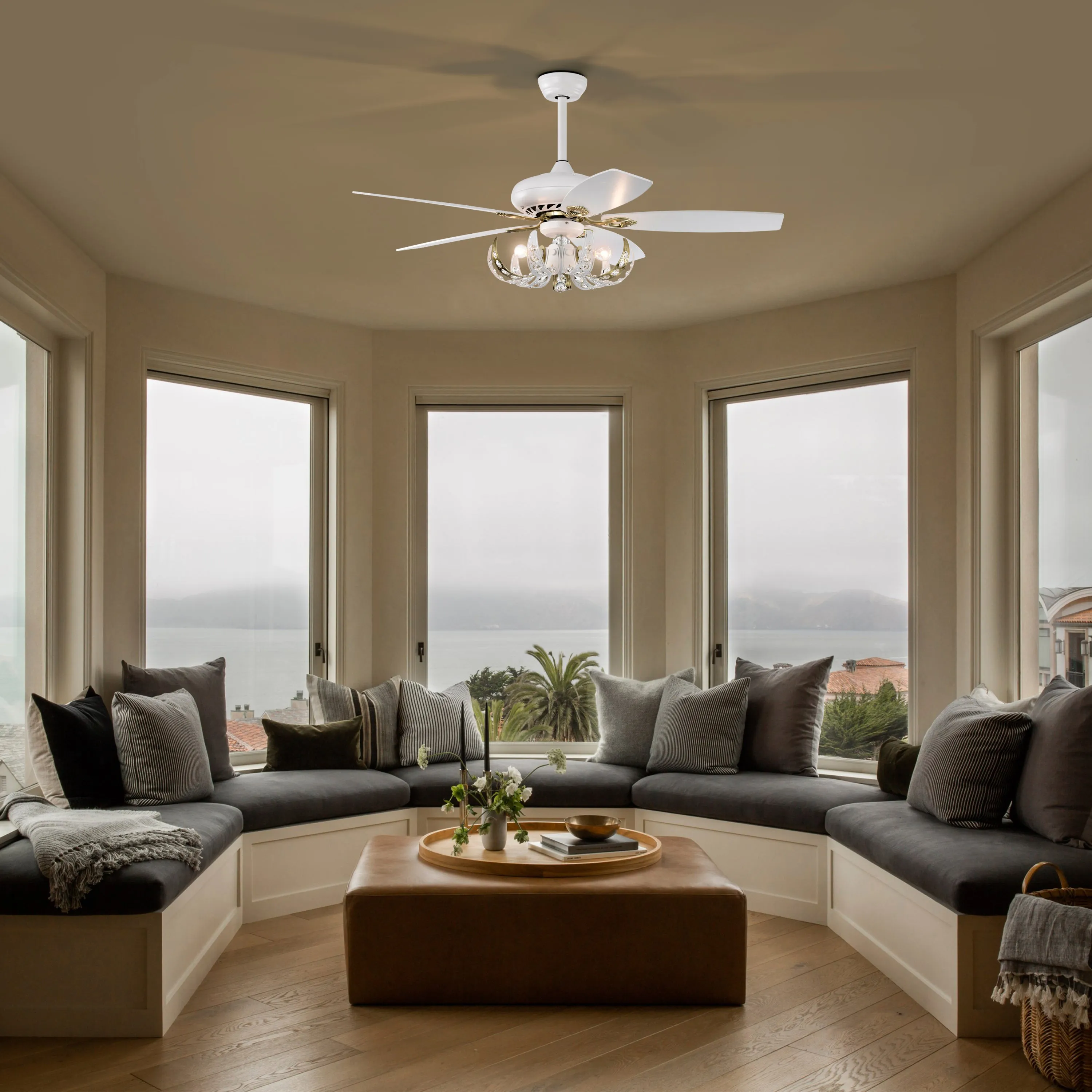 52" Crystal Ceiling Fan with 5 Reversible Blades Light Kit and Remote Control, 3-Speed  - Matte White