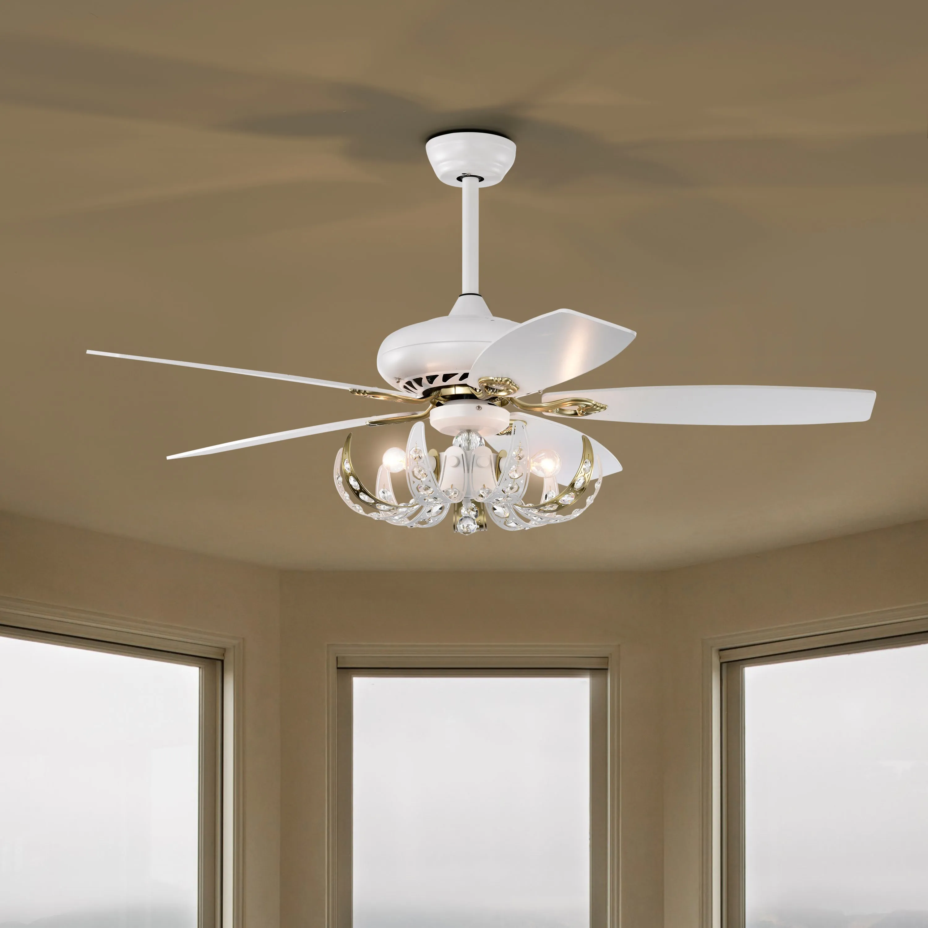 52" Crystal Ceiling Fan with 5 Reversible Blades Light Kit and Remote Control, 3-Speed  - Matte White