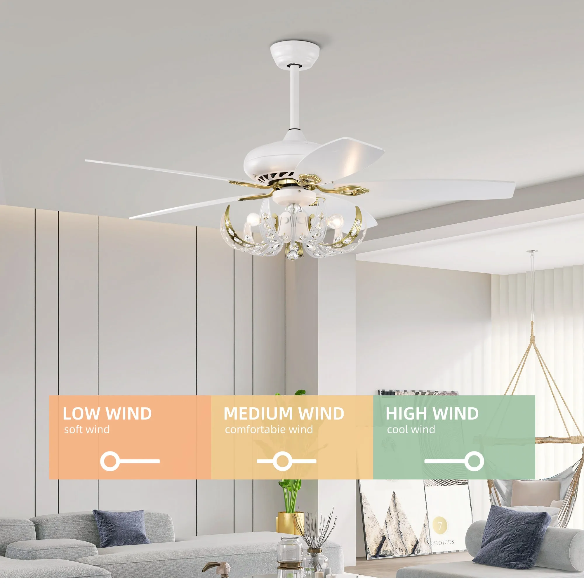 52" Crystal Ceiling Fan with 5 Reversible Blades Light Kit and Remote Control, 3-Speed  - Matte White