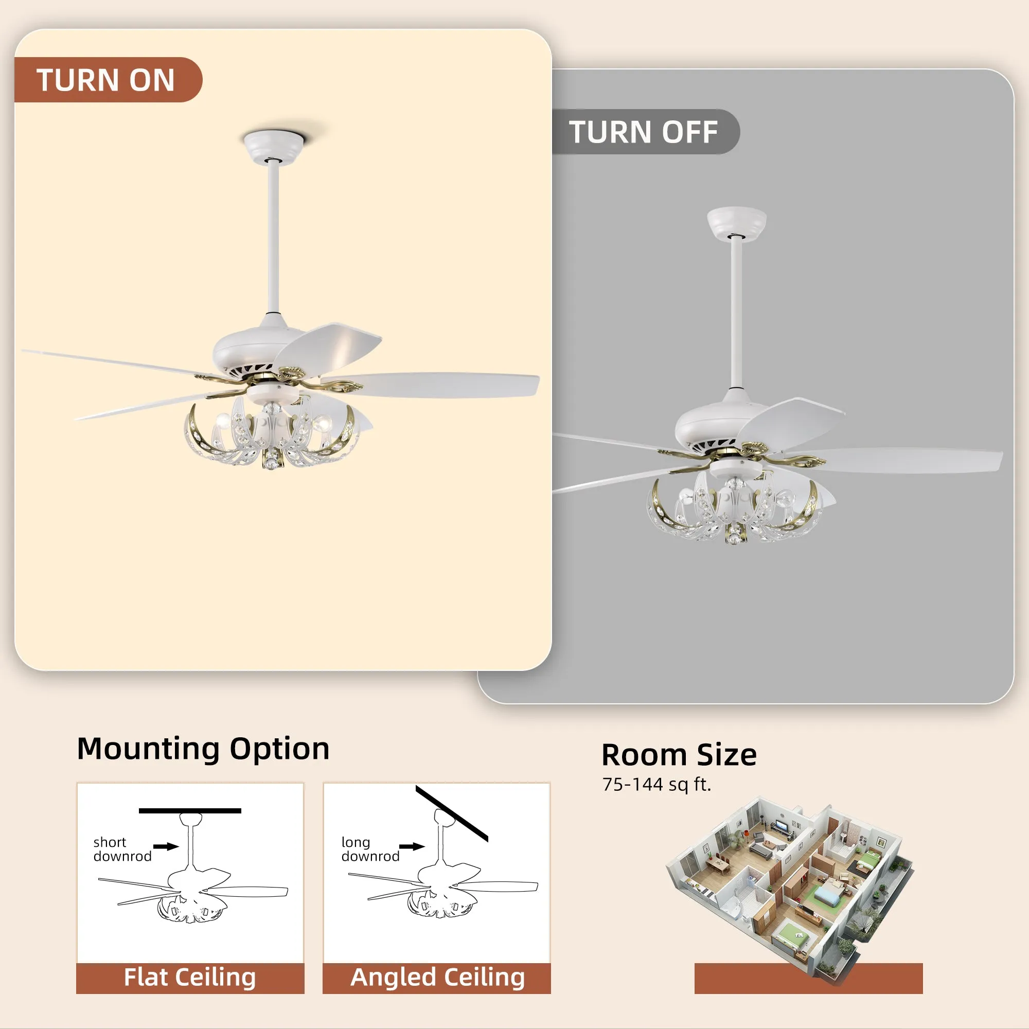 52" Crystal Ceiling Fan with 5 Reversible Blades Light Kit and Remote Control, 3-Speed  - Matte White