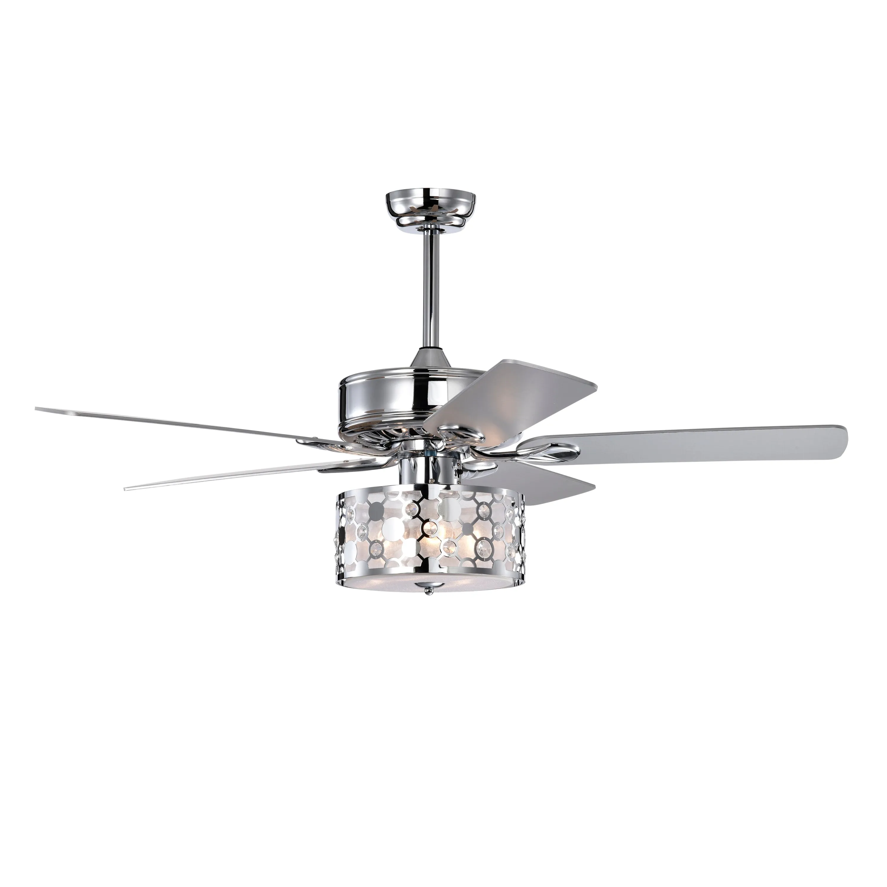 52" Elegant Ceiling Fan Light with Remote, Crystal Chandelier Fan 5 Chrome Reversible Wood Blades