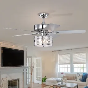 52" Elegant Ceiling Fan Light with Remote, Crystal Chandelier Fan 5 Chrome Reversible Wood Blades