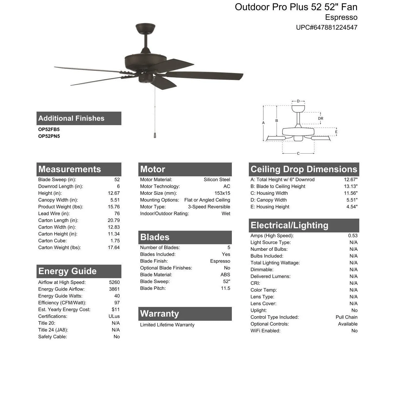 52" Outdoor Pro Plus 52 in Espresso w/ Matte Espresso Blades