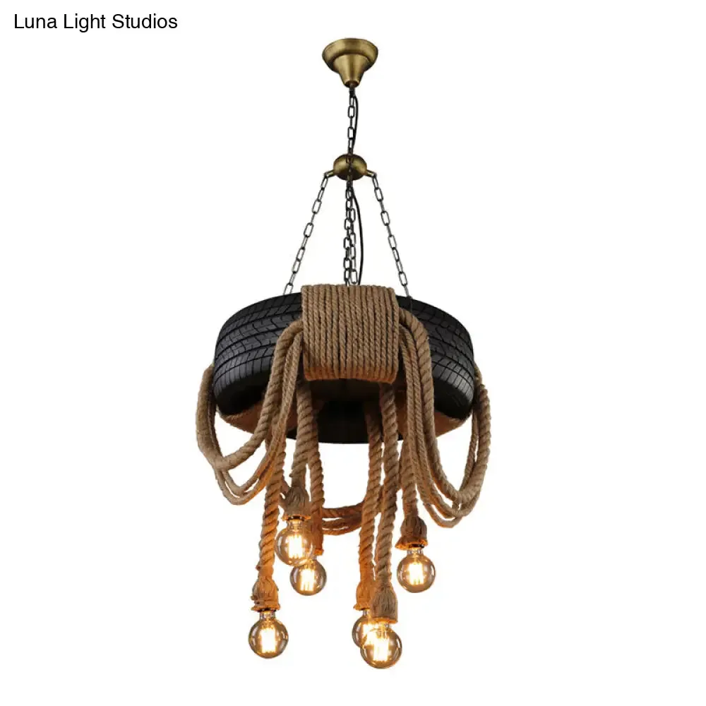 6-Head Antique Tyre Ceiling Light Fixture with Hemp Rope Chandelier in Black