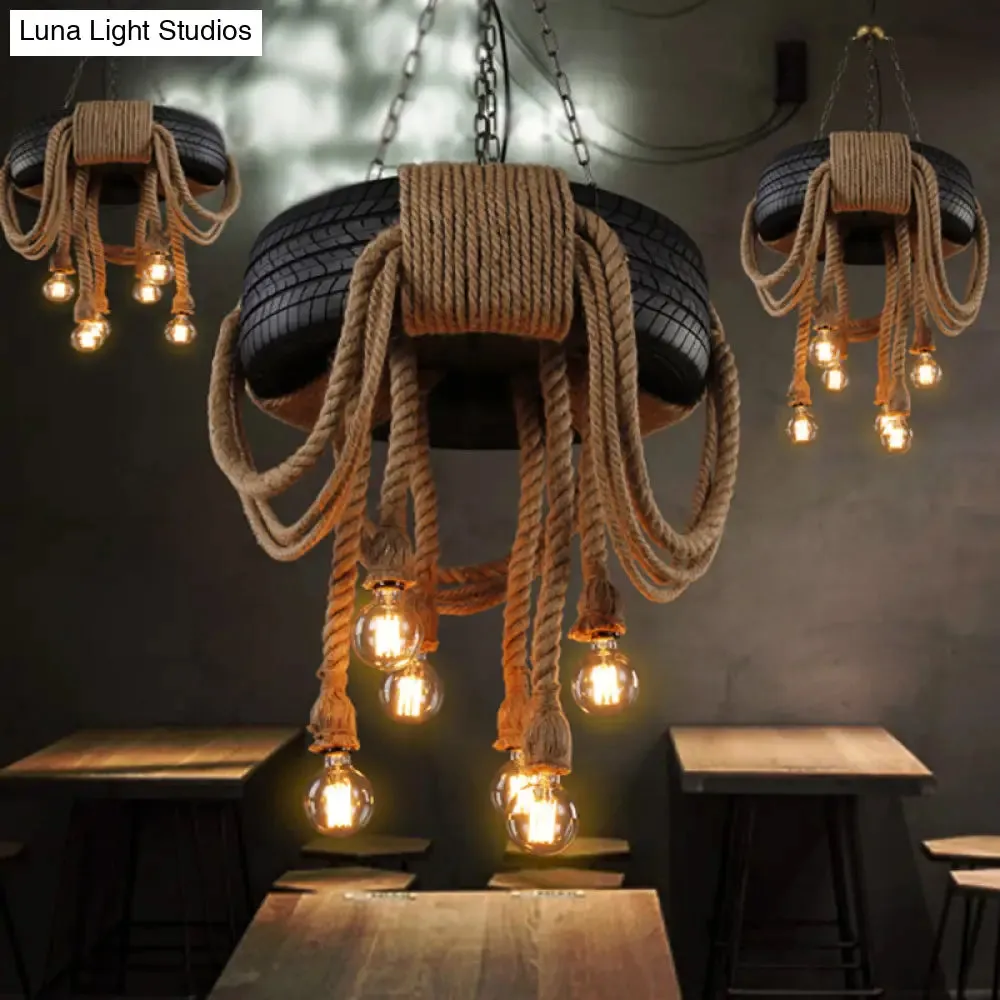 6-Head Antique Tyre Ceiling Light Fixture with Hemp Rope Chandelier in Black