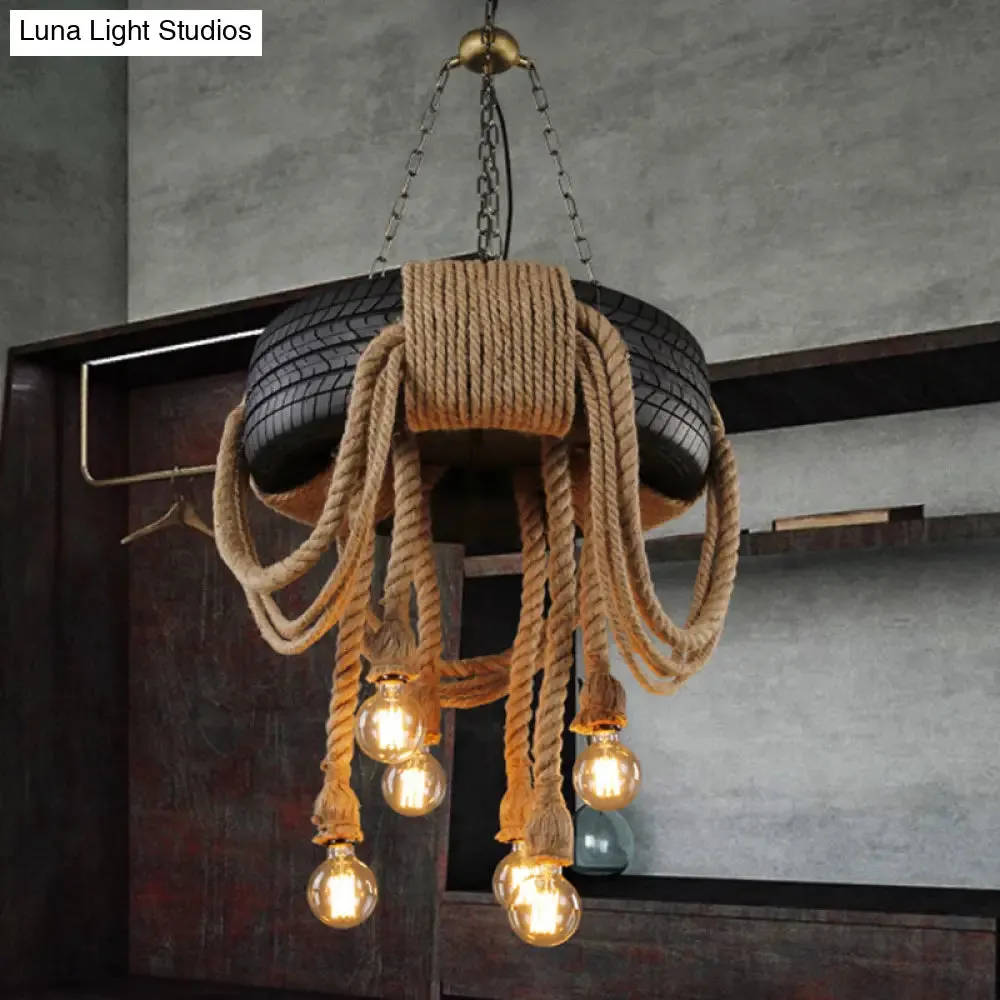 6-Head Antique Tyre Ceiling Light Fixture with Hemp Rope Chandelier in Black