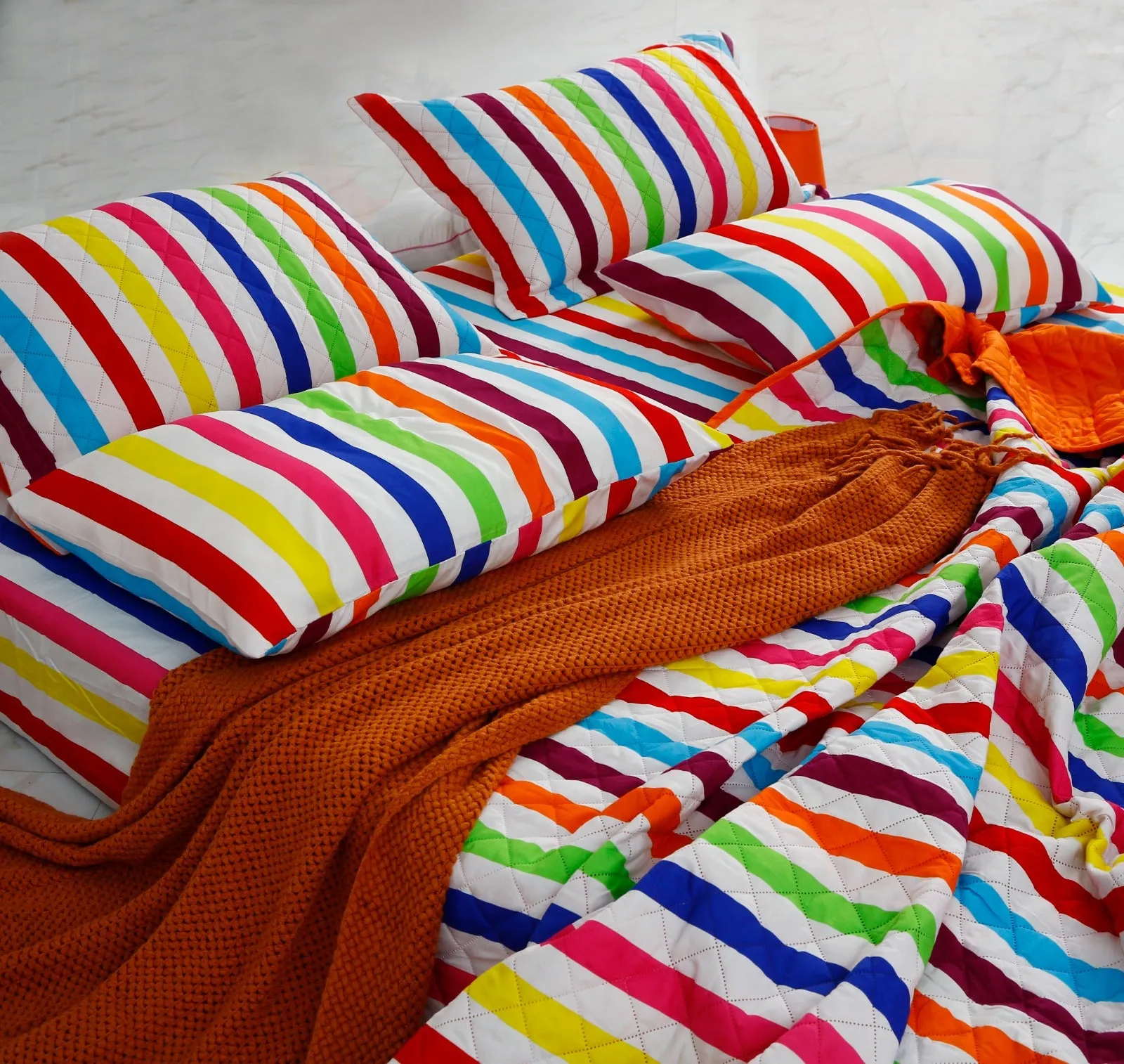 6 PCs Bed Spread Set-Multi Stripe(Orange)