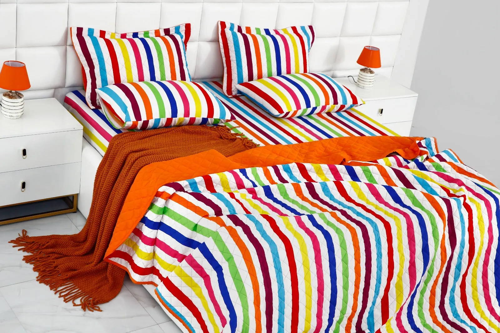 6 PCs Bed Spread Set-Multi Stripe(Orange)