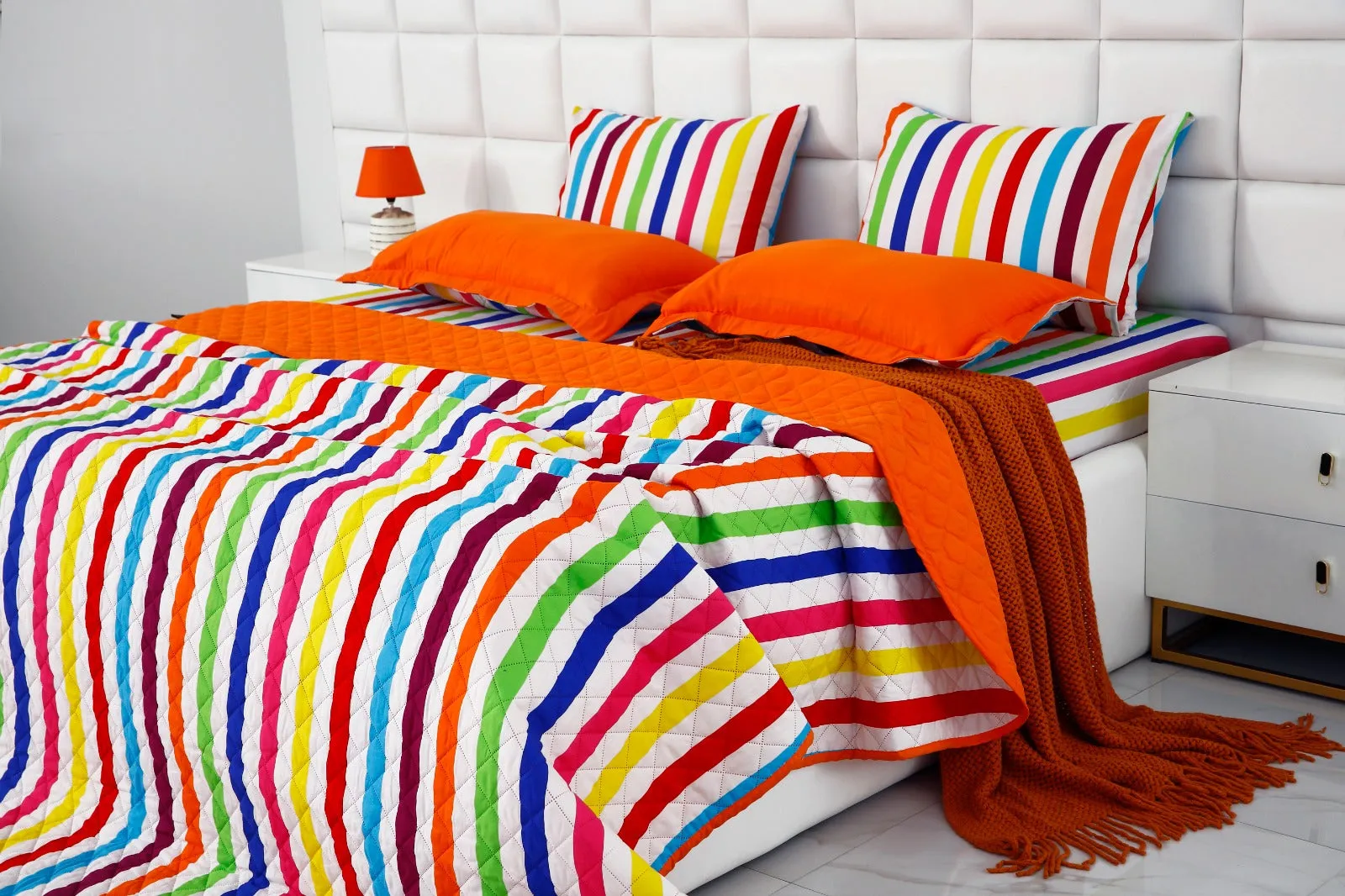 6 PCs Bed Spread Set-Multi Stripe(Orange)