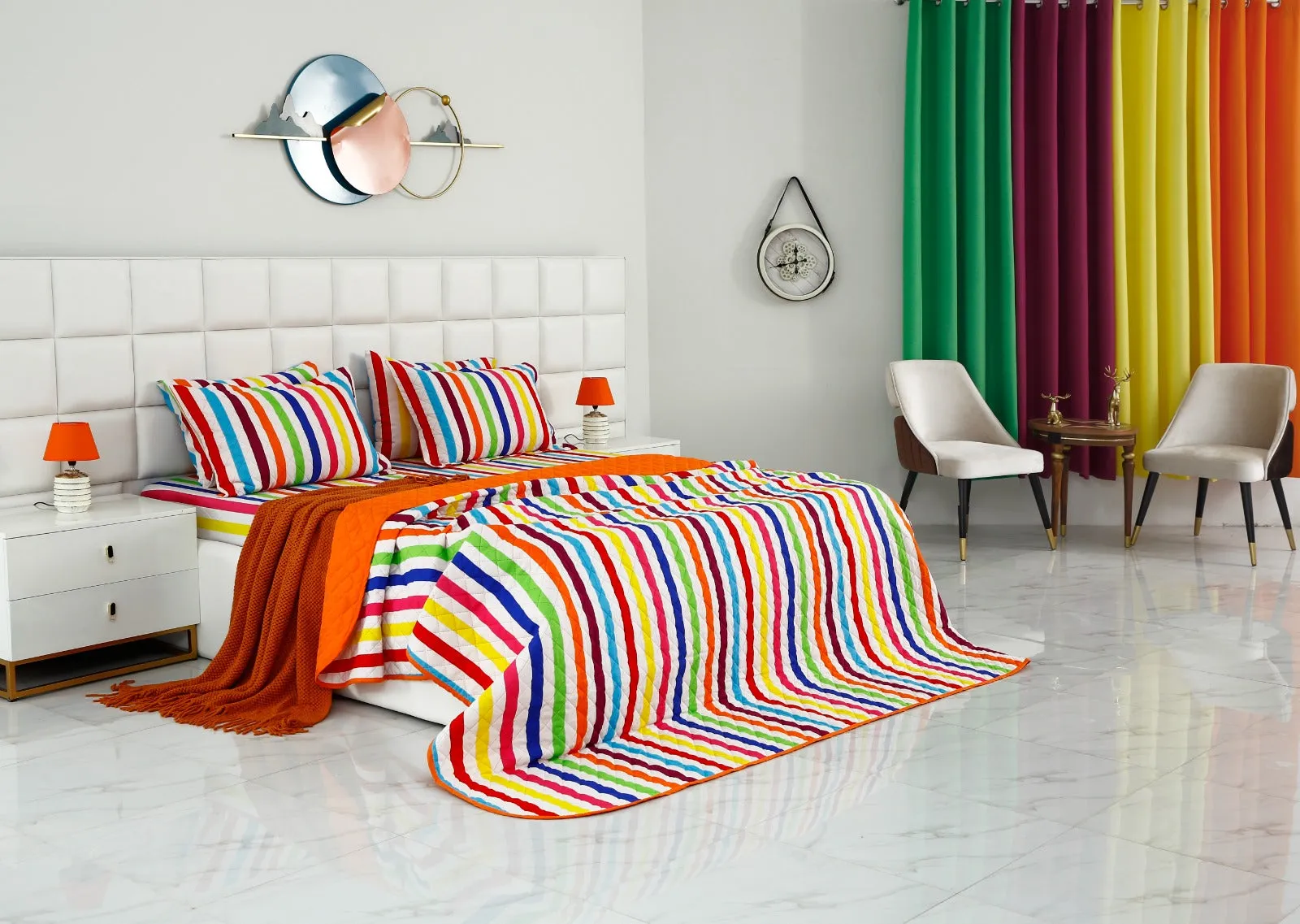 6 PCs Bed Spread Set-Multi Stripe(Orange)