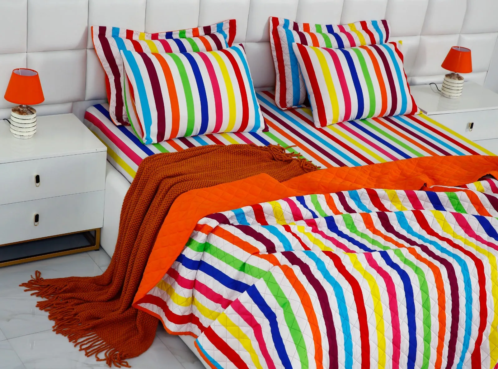 6 PCs Bed Spread Set-Multi Stripe(Orange)