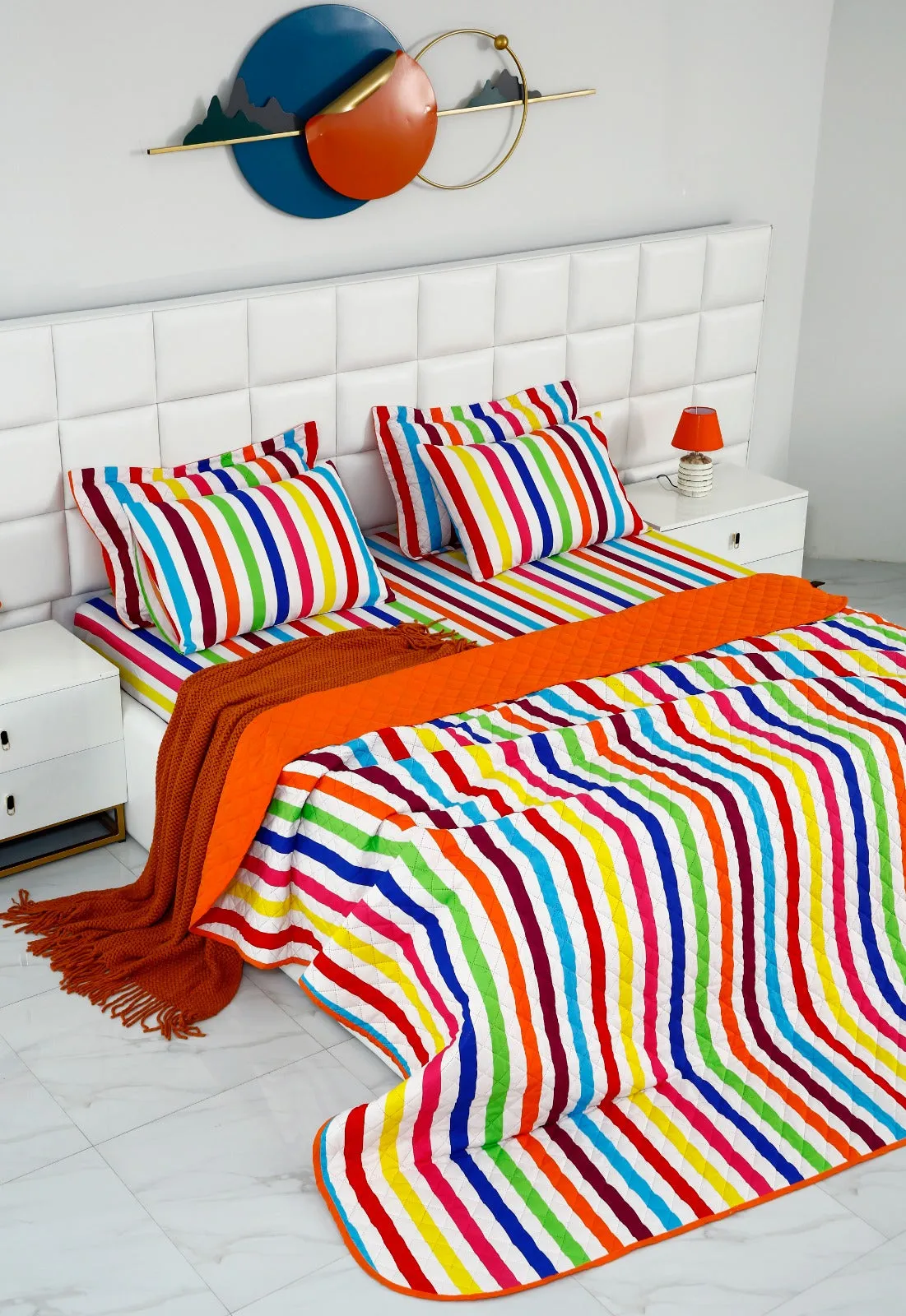 6 PCs Bed Spread Set-Multi Stripe(Orange)