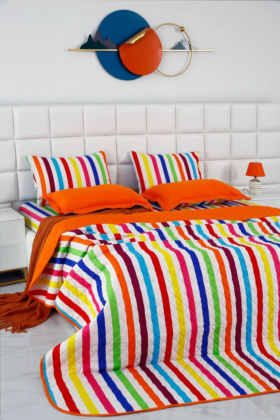 6 PCs Bed Spread Set-Multi Stripe(Orange)