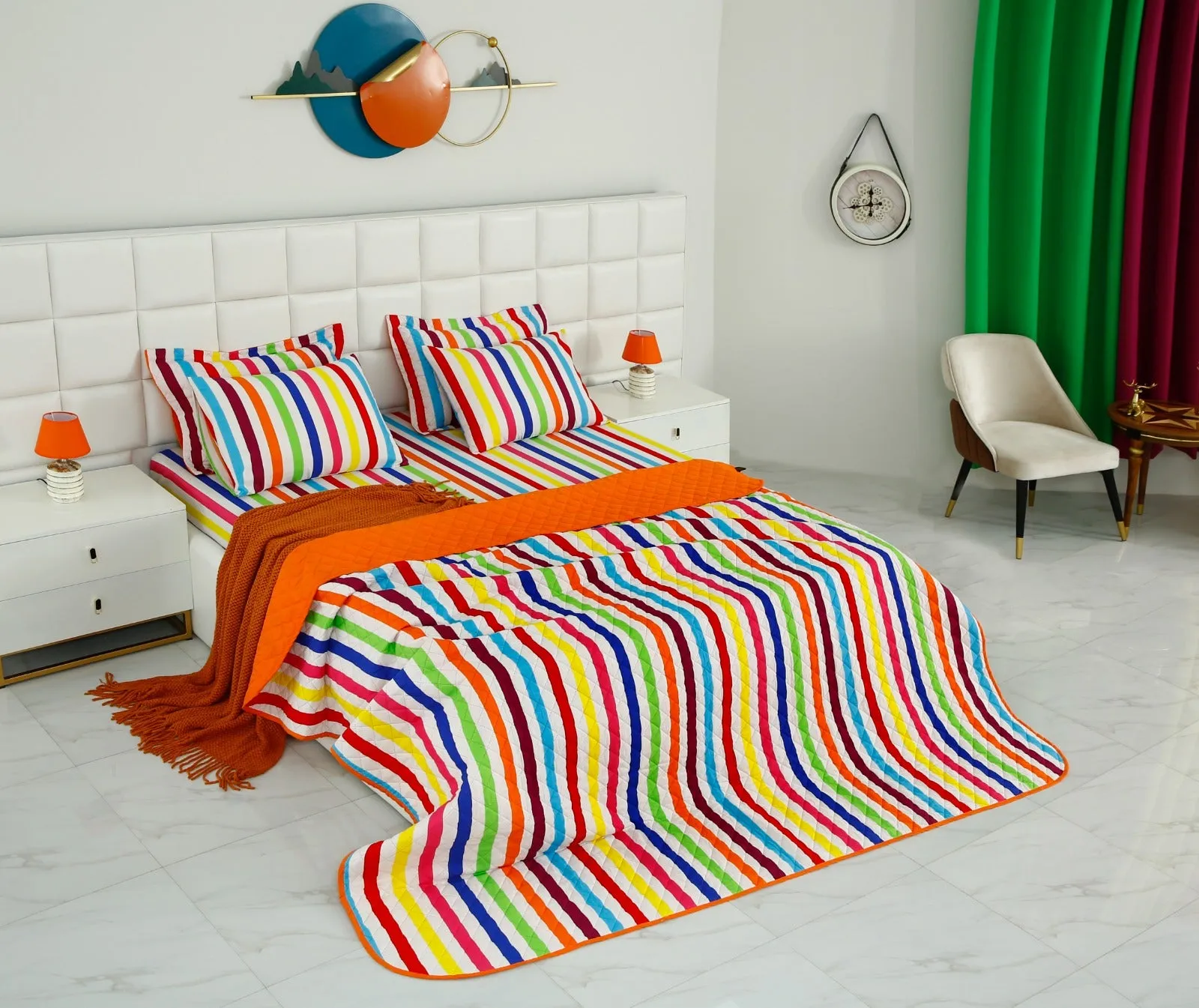 6 PCs Bed Spread Set-Multi Stripe(Orange)