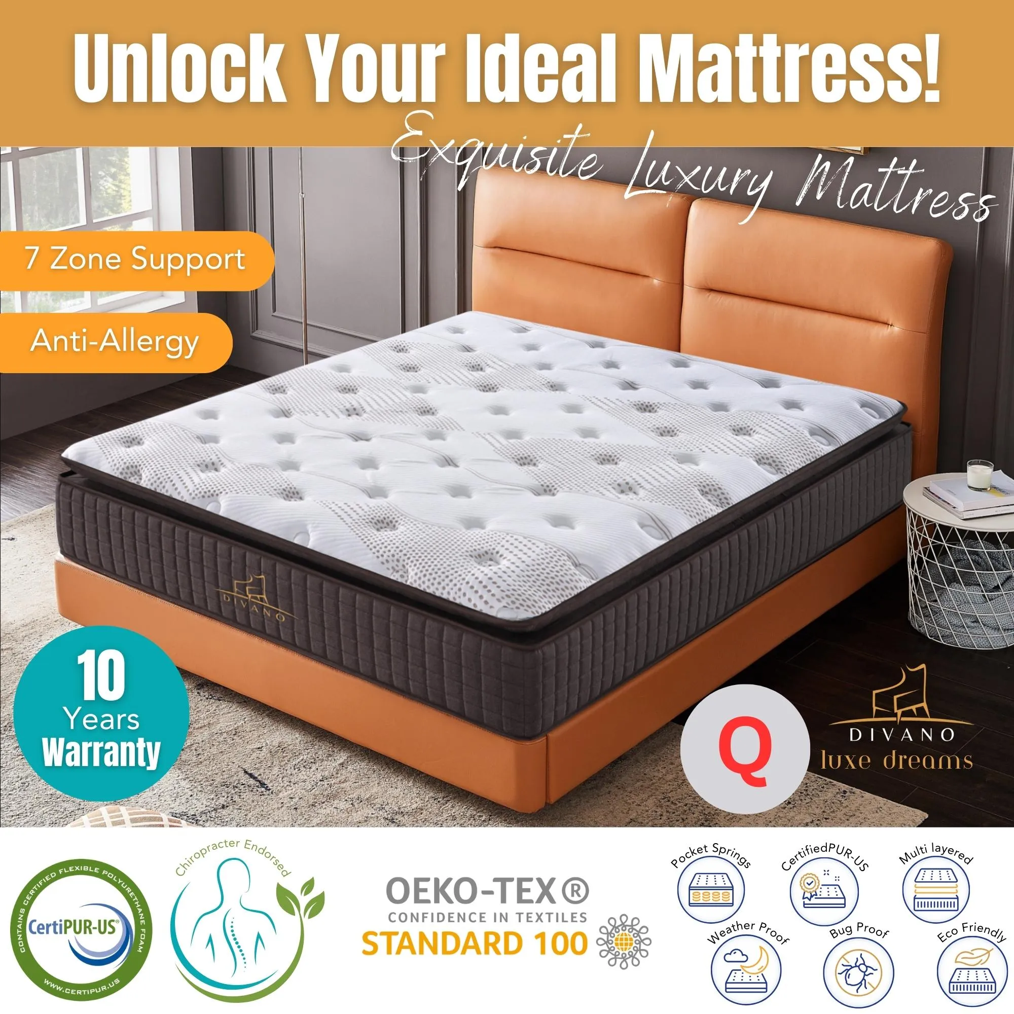 7 Zones Pocket Spring Gel Memory Queen Mattress Medium Feel Luxe Dreams