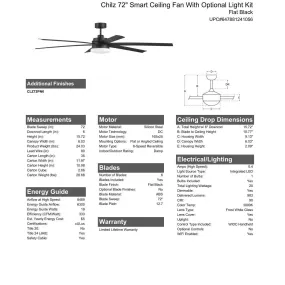 72" Chilz Smart Ceiling Fan, Flat Black, Integrated LED Light Kit, Remote & WiFi Control