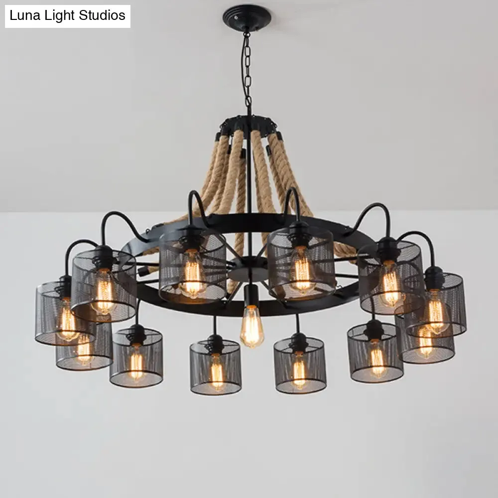 8/12-Light Cylinder Chandelier with Black Metal Mesh and Rope Cord for Restaurants