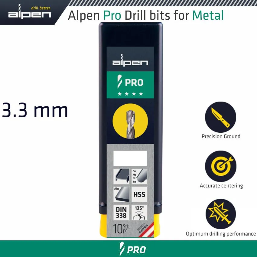 ALPEN ALPEN PRO HSS DRILL DIN 338 RN 135 WITH SPLIT POINT 3.3MM BULK ALP9540033