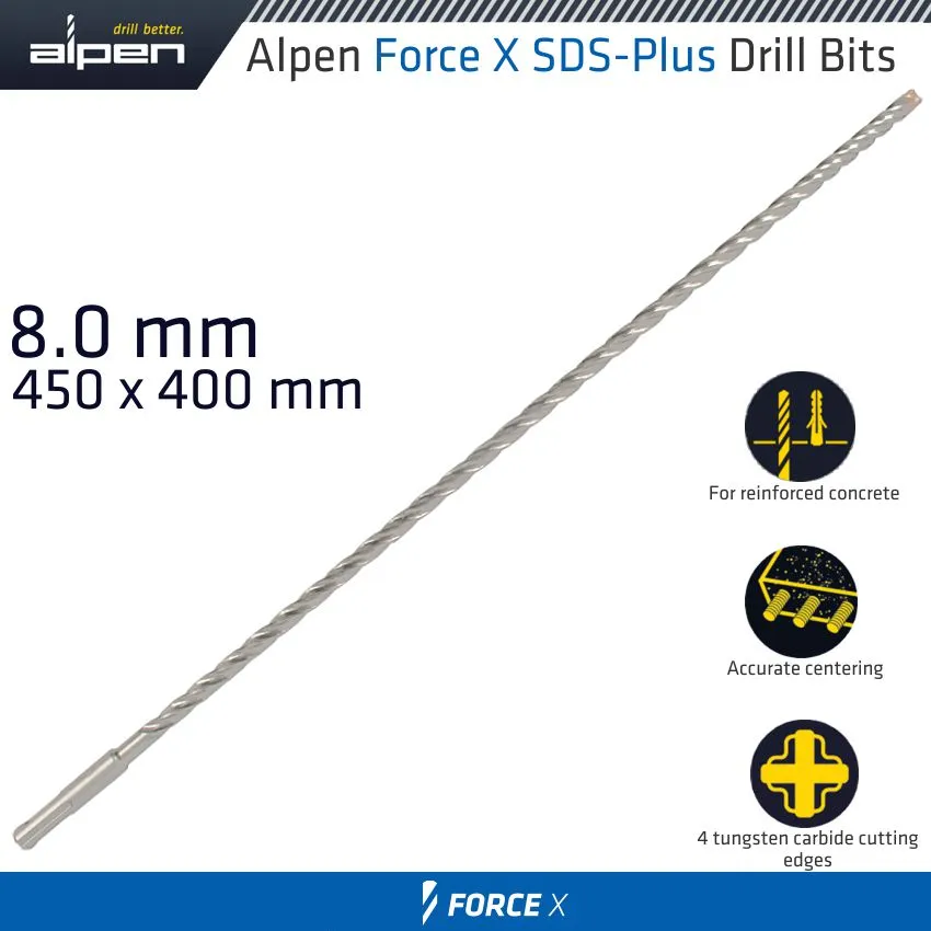 ALPEN FORCE X 8.0 x 450/400 SDS-PLUS DRILL BIT X4 CUTTING EDGES ALP875008