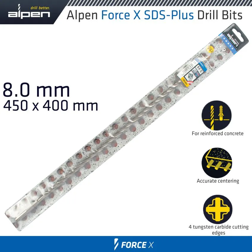 ALPEN FORCE X 8.0 x 450/400 SDS-PLUS DRILL BIT X4 CUTTING EDGES ALP875008