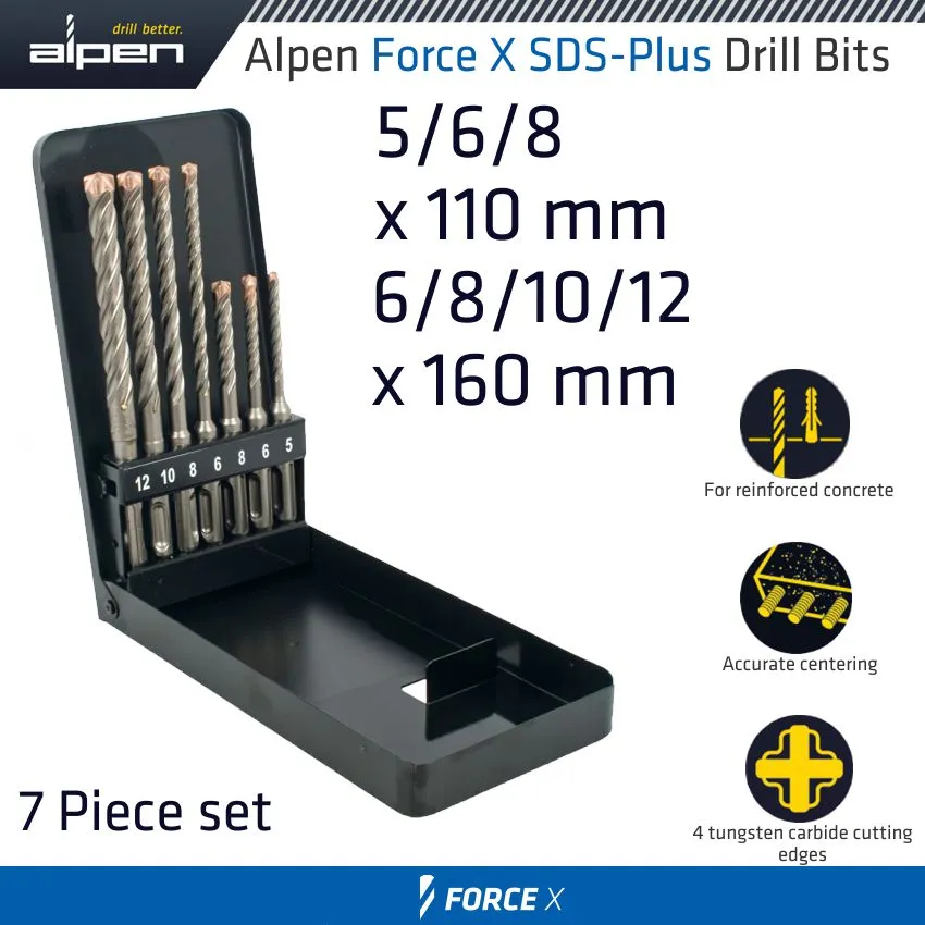 ALPEN FORCE X SDS-PLUS SET KM7 7 PCS. 5.0/ 6.0/ 8.0 MM X 110 AND 6.0/ 8.0/ 1 ALP805000071