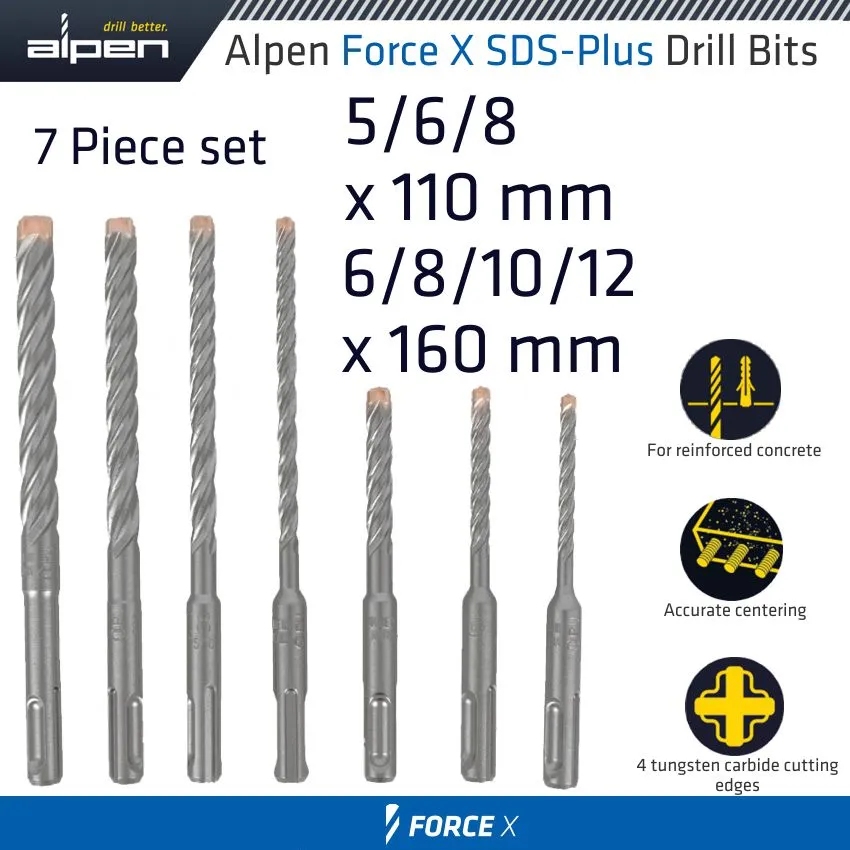 ALPEN FORCE X SDS-PLUS SET KM7 7 PCS. 5.0/ 6.0/ 8.0 MM X 110 AND 6.0/ 8.0/ 1 ALP805000071