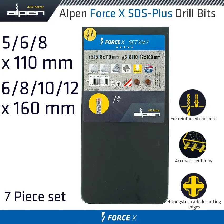 ALPEN FORCE X SDS-PLUS SET KM7 7 PCS. 5.0/ 6.0/ 8.0 MM X 110 AND 6.0/ 8.0/ 1 ALP805000071