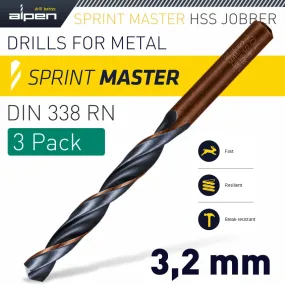 ALPEN HSS SPRINT MASTER  3.2MM X3 SLEEVED DIN338 ALPEN DRILL BIT ALP6180032