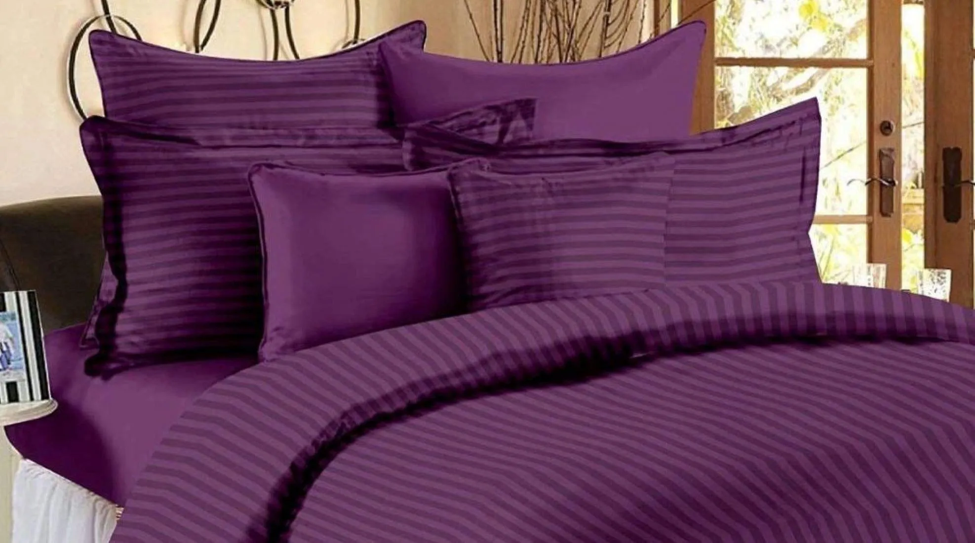 Amigos® 100% Cotton 210 TC Satin Striped 1 Flat Bedsheets with 2 Pillow Covers (King 108"x108" Inches) Wine