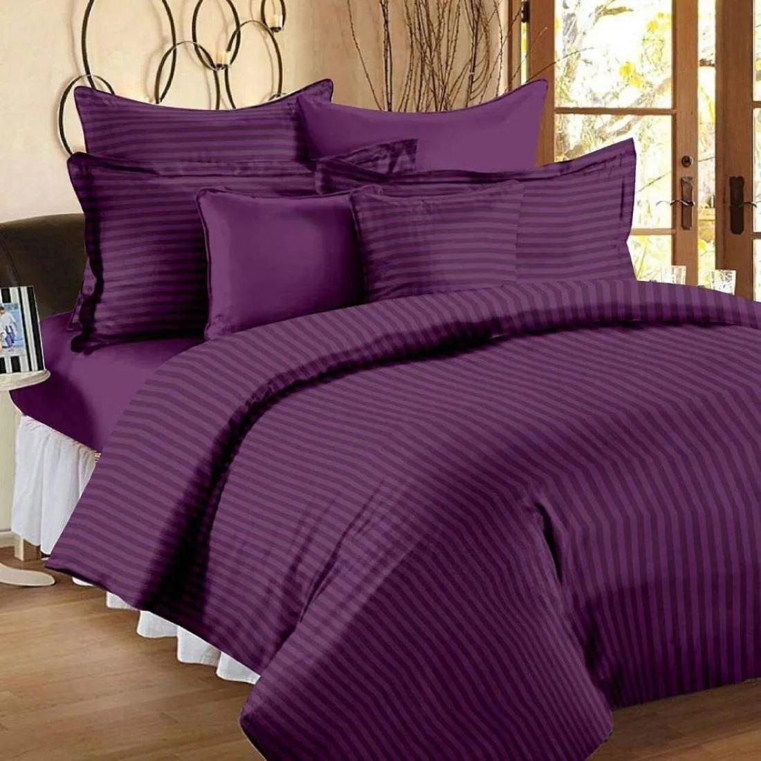 Amigos® 100% Cotton 210 TC Satin Striped 1 Flat Bedsheets with 2 Pillow Covers (King 108"x108" Inches) Wine