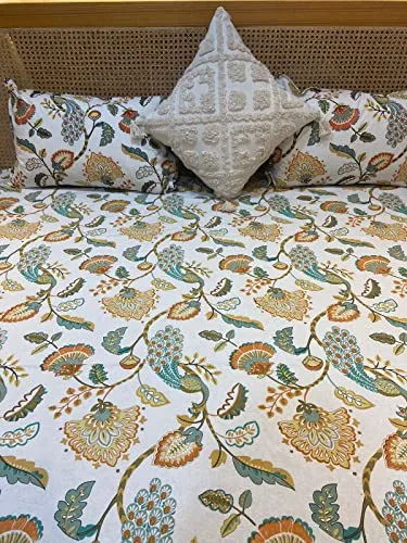 Anchals Collection Jaipuri Block Print Double Bed 90 X 100 inch Queen/King Size Cotton bedsheet Set with Two Full Size Pillow Covers�100% Stylish